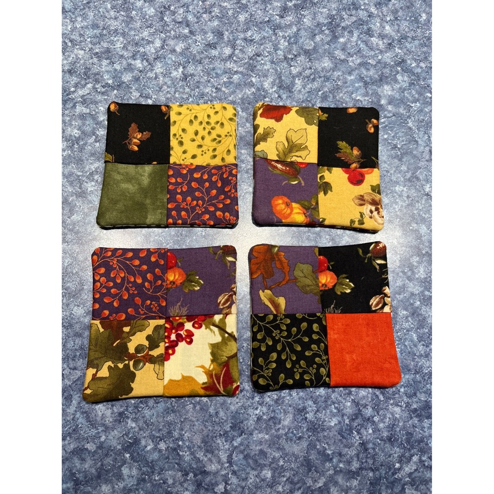 Handmade Quilted Fabric Coasters Set of 4 Fall Harvest Pumpkin Acorn Reversible